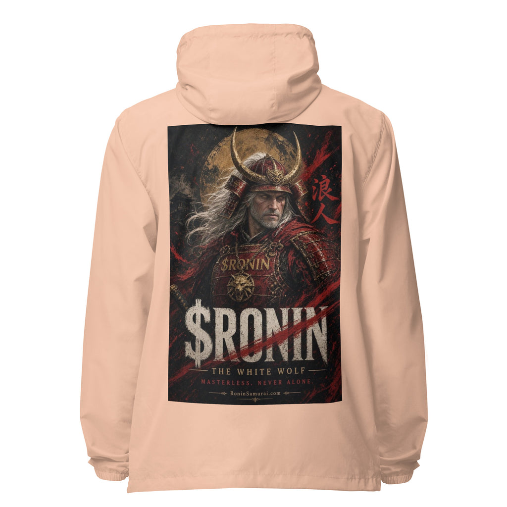 Silver-Haired Ronin Windbreaker, blush white zipper back: back print of a silver-haired, scarred warrior in crimson armor and gold-horned kabuto under a bold $RONIN title