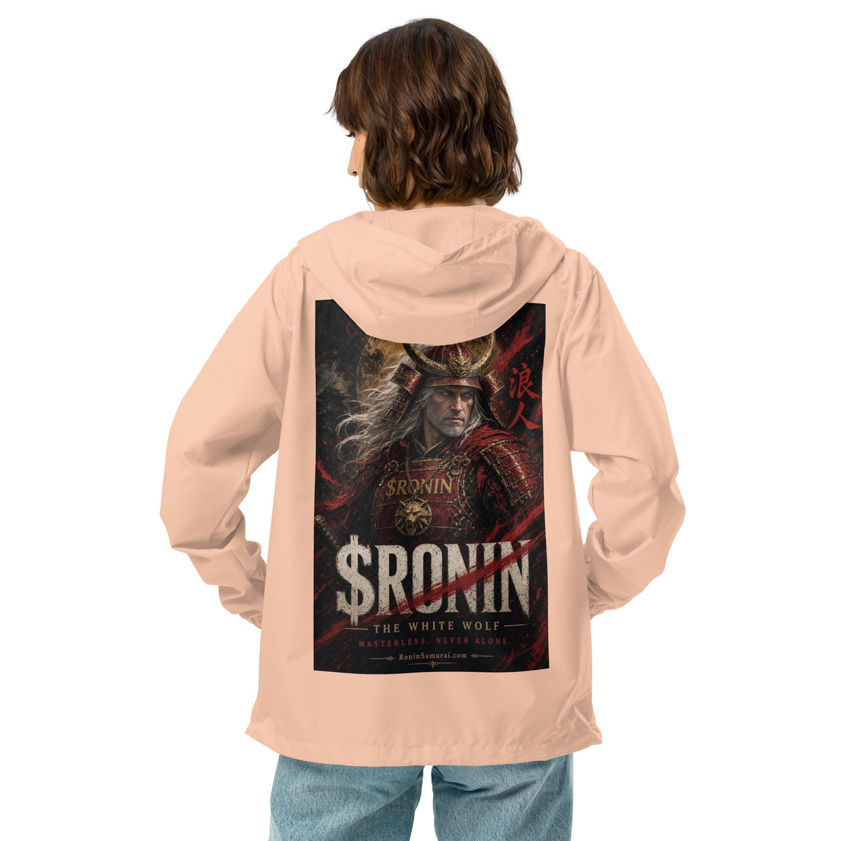 Silver-Haired Ronin Windbreaker, blush white zipper back: back print of a silver-haired, scarred warrior in crimson armor and gold-horned kabuto under a bold $RONIN title