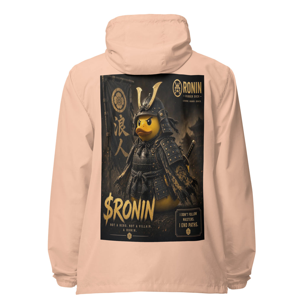 Samurai Rubber Duck Windbreaker, blush white zipper back: back print of a yellow rubber duck in black-and-gold samurai armor, gold $RONIN