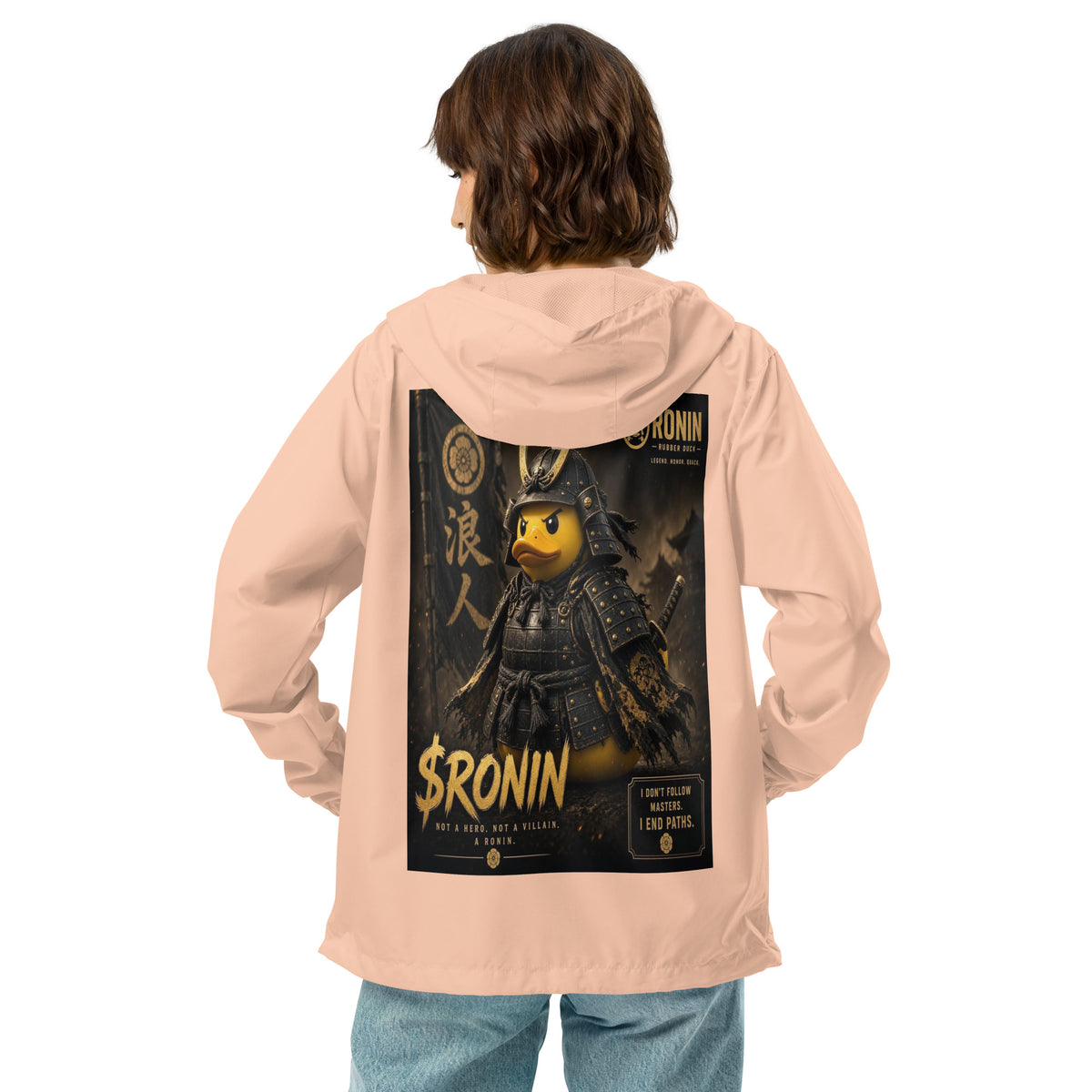 Samurai Rubber Duck Windbreaker, blush white zipper back: back print of a yellow rubber duck in black-and-gold samurai armor, gold $RONIN