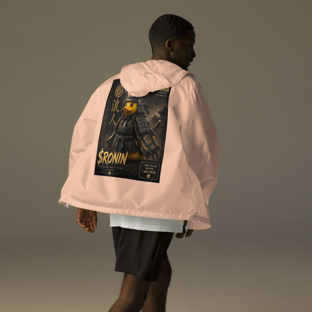 Samurai Rubber Duck Windbreaker, blush white zipper back: back print of a yellow rubber duck in black-and-gold samurai armor, gold $RONIN