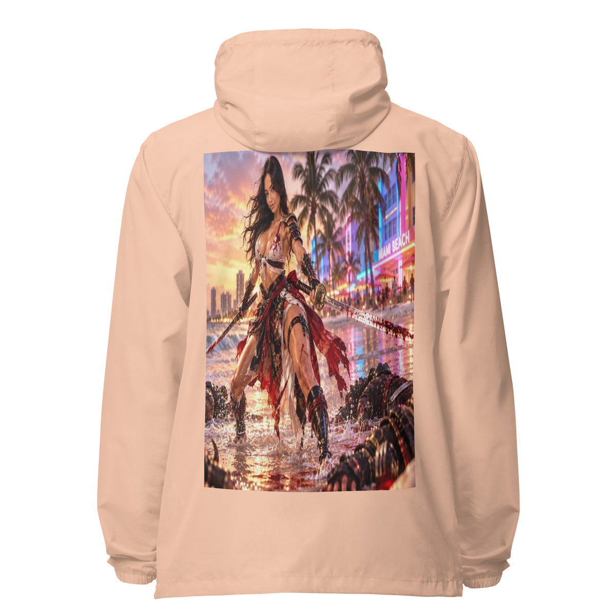 Miami Beach Ronin Windbreaker, blush white zipper back: back print of a dual-katana warrior in the surf before a neon Miami Beach skyline