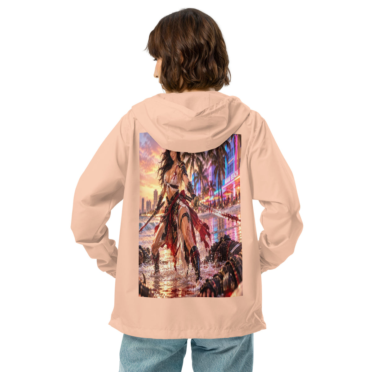 Miami Beach Ronin Windbreaker, blush white zipper back: back print of a dual-katana warrior in the surf before a neon Miami Beach skyline