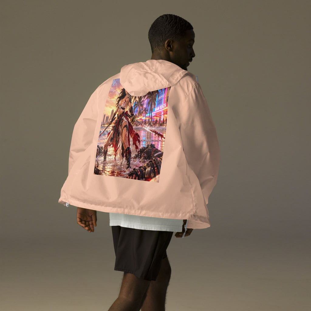 Miami Beach Ronin Windbreaker, blush white zipper back: back print of a dual-katana warrior in the surf before a neon Miami Beach skyline