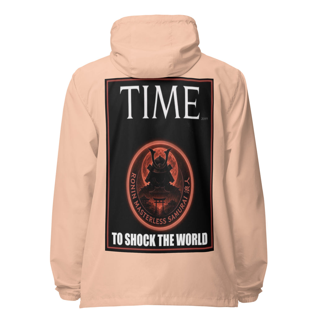 Ronin Cover Story Windbreaker, blush white zipper back: back print of a red-framed cover-style poster with the round RONIN samurai seal and TO SHOCK THE WORLD
