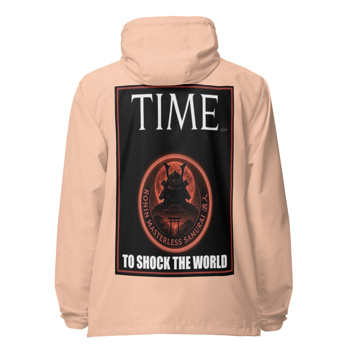 Ronin Cover Story Windbreaker, blush white zipper back: back print of a red-framed cover-style poster with the round RONIN samurai seal and TO SHOCK THE WORLD