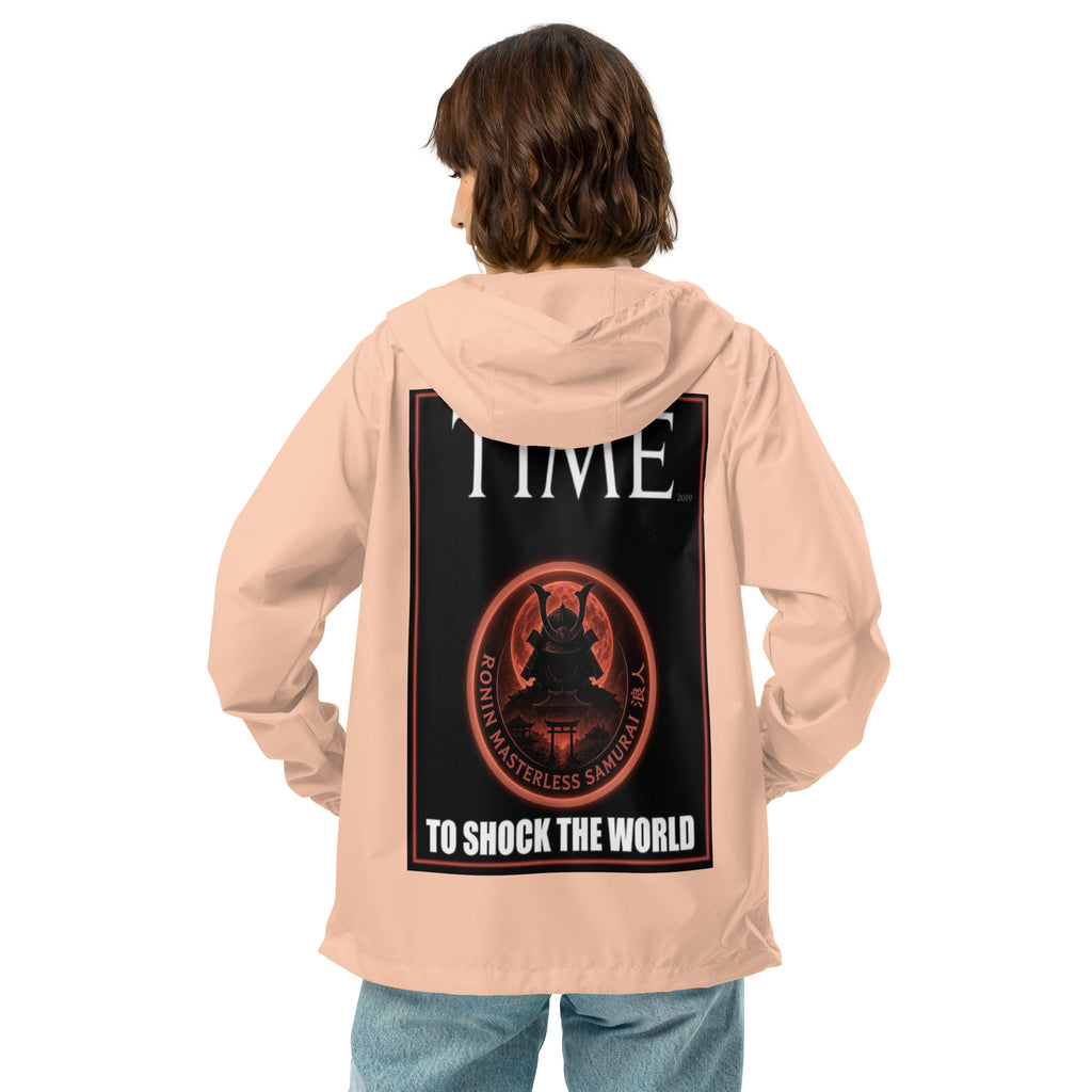 Ronin Cover Story Windbreaker, blush white zipper back: back print of a red-framed cover-style poster with the round RONIN samurai seal and TO SHOCK THE WORLD