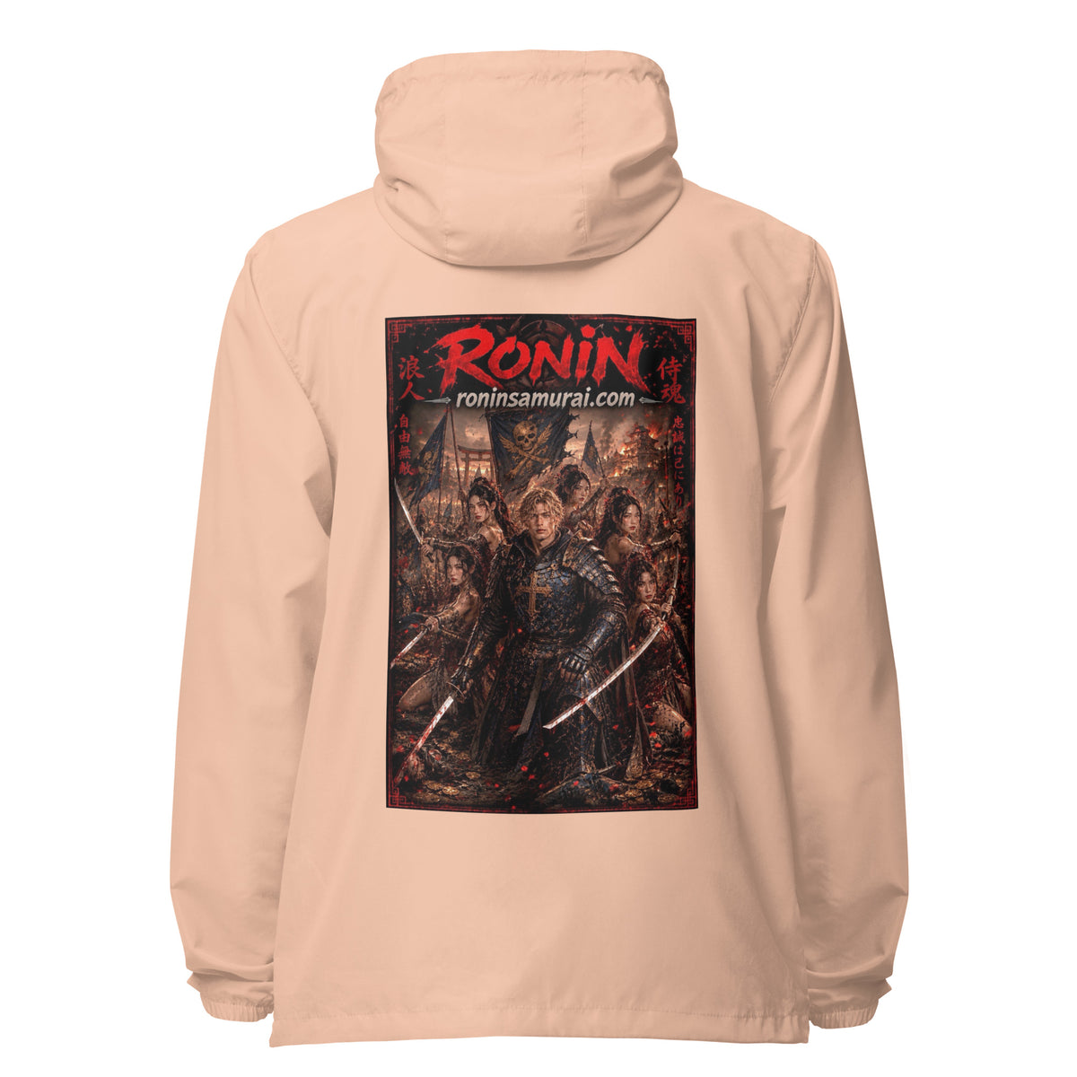 Ronin Warband Windbreaker, blush white zipper back: back print of an armored warband on a burning battlefield under a red RONIN title