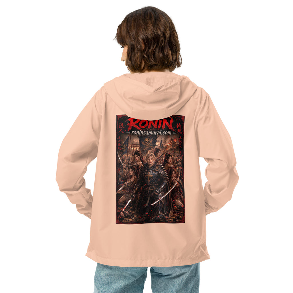 Ronin Warband Windbreaker, blush white zipper back: back print of an armored warband on a burning battlefield under a red RONIN title