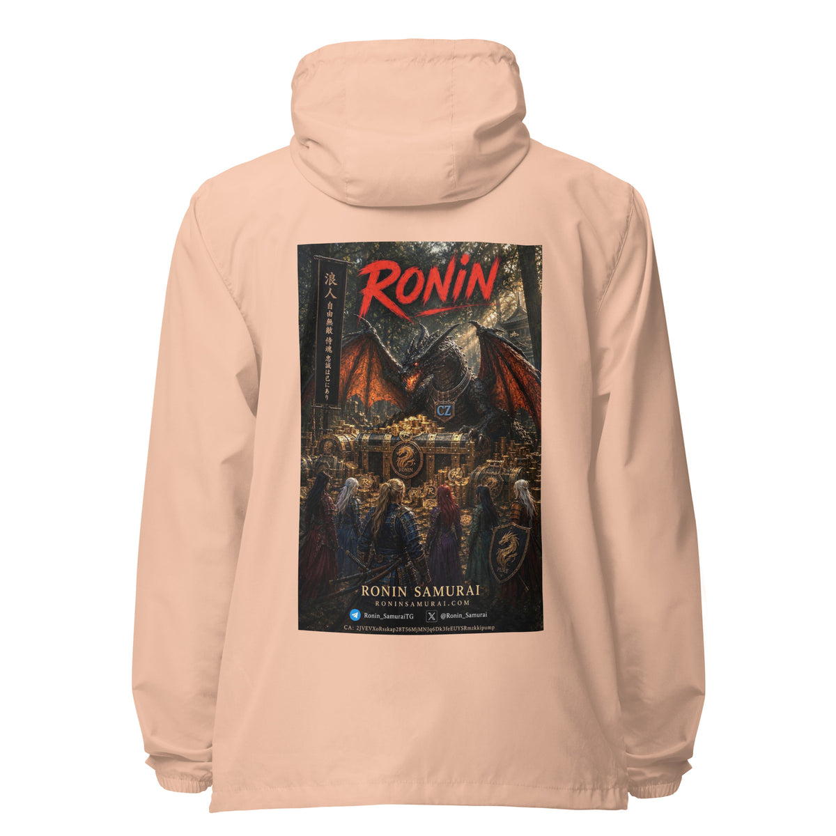 Golden Dragon Ronin Windbreaker, blush white zipper back: back print of a dark dragon on a golden hoard facing armored warriors, red RONIN