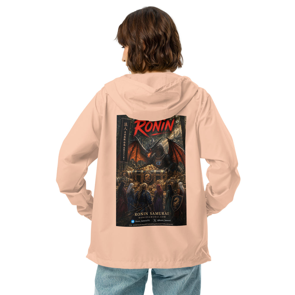 Golden Dragon Ronin Windbreaker, blush white zipper back: back print of a dark dragon on a golden hoard facing armored warriors, red RONIN