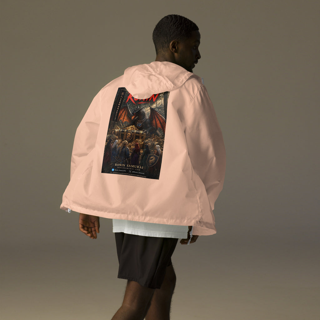 Golden Dragon Ronin Windbreaker, blush white zipper back: back print of a dark dragon on a golden hoard facing armored warriors, red RONIN