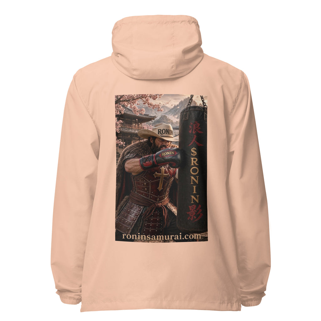 Heavy Bag Ronin Windbreaker, blush white zipper back: back print of a cowboy-hat samurai boxer punching a heavy bag lettered 浪人 $RONIN