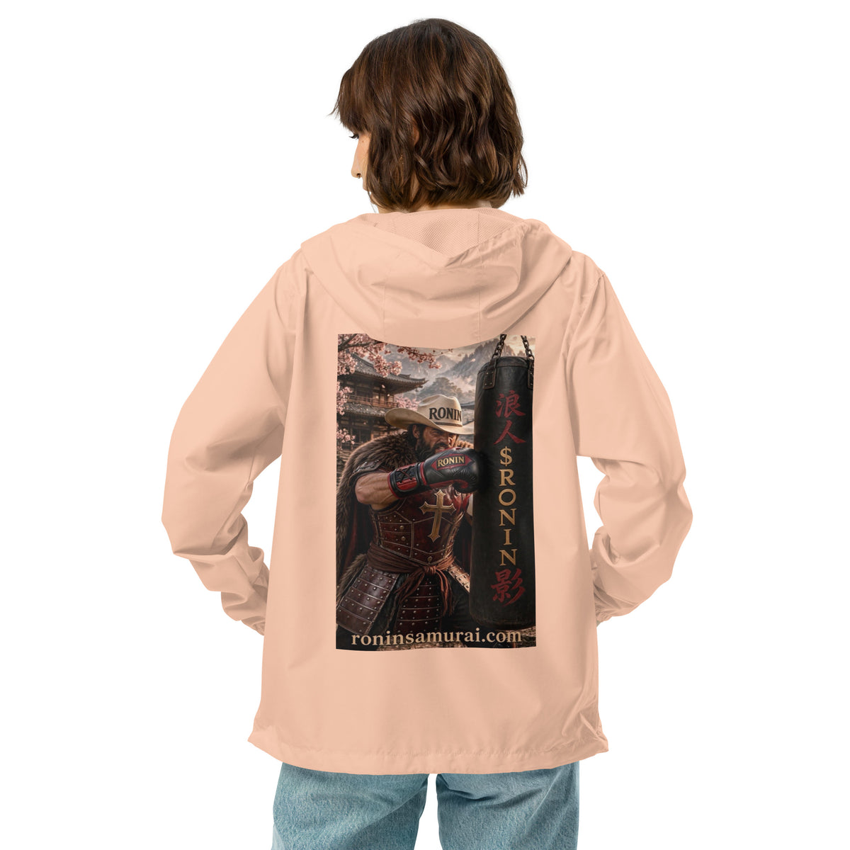 Heavy Bag Ronin Windbreaker, blush white zipper back: back print of a cowboy-hat samurai boxer punching a heavy bag lettered 浪人 $RONIN