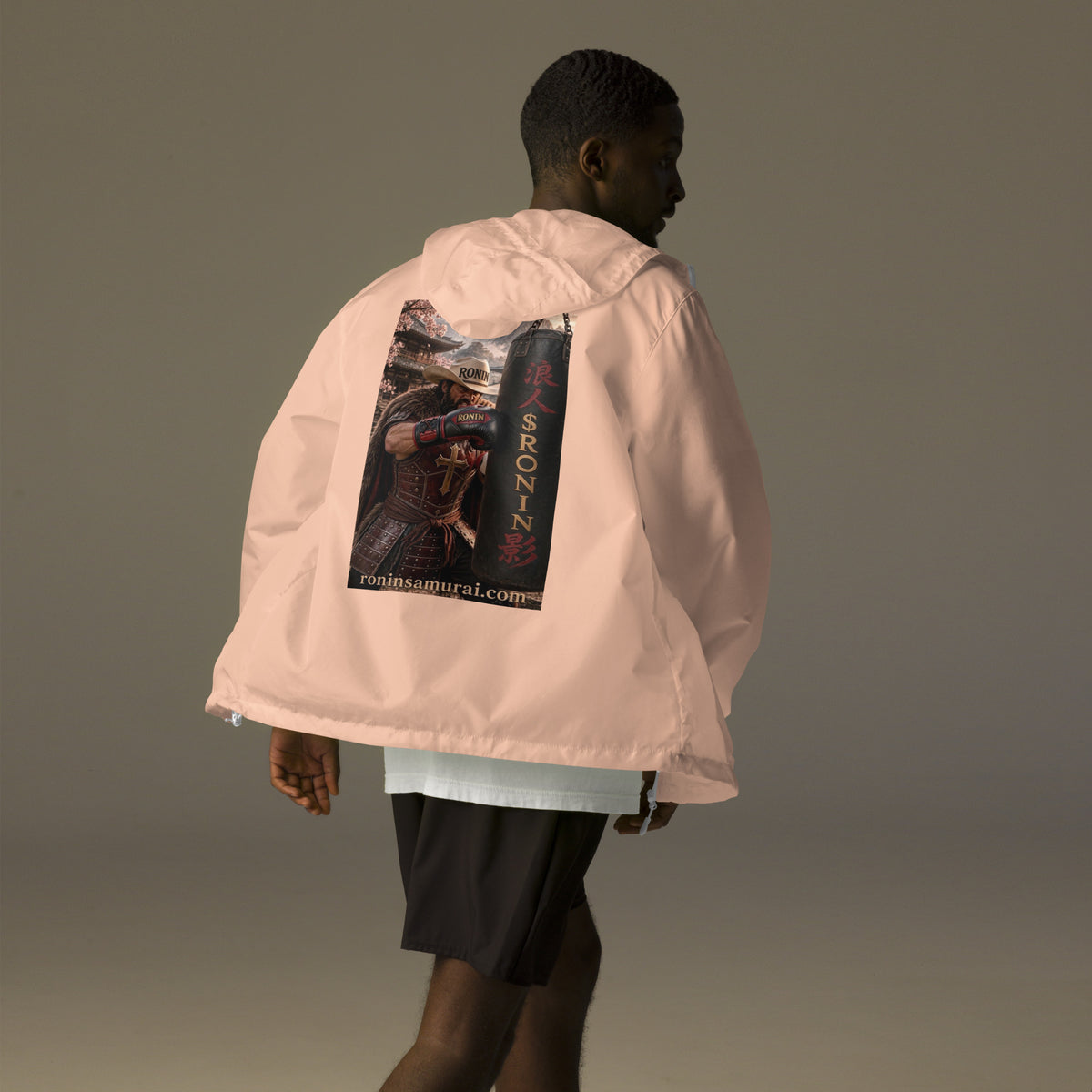 Heavy Bag Ronin Windbreaker, blush white zipper back: back print of a cowboy-hat samurai boxer punching a heavy bag lettered 浪人 $RONIN