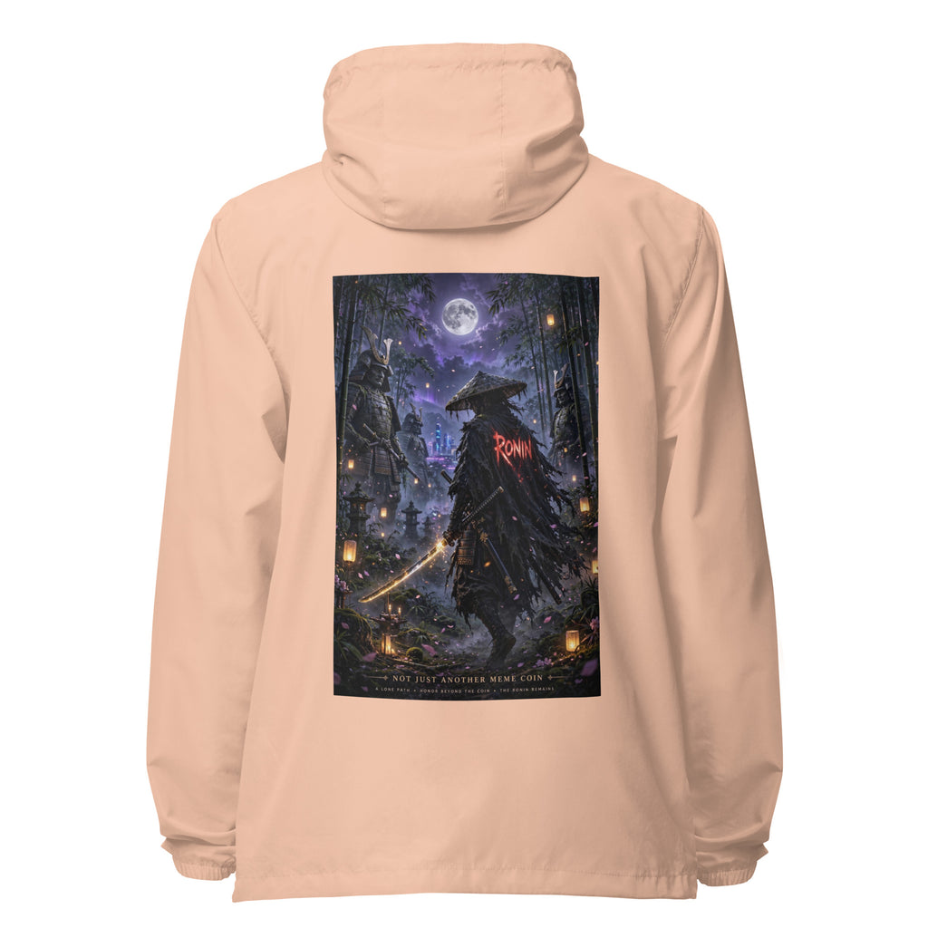 Bamboo Moon Ronin Windbreaker, blush white zipper back: back print of a straw-hat ronin with a glowing katana in a moonlit lantern bamboo grove