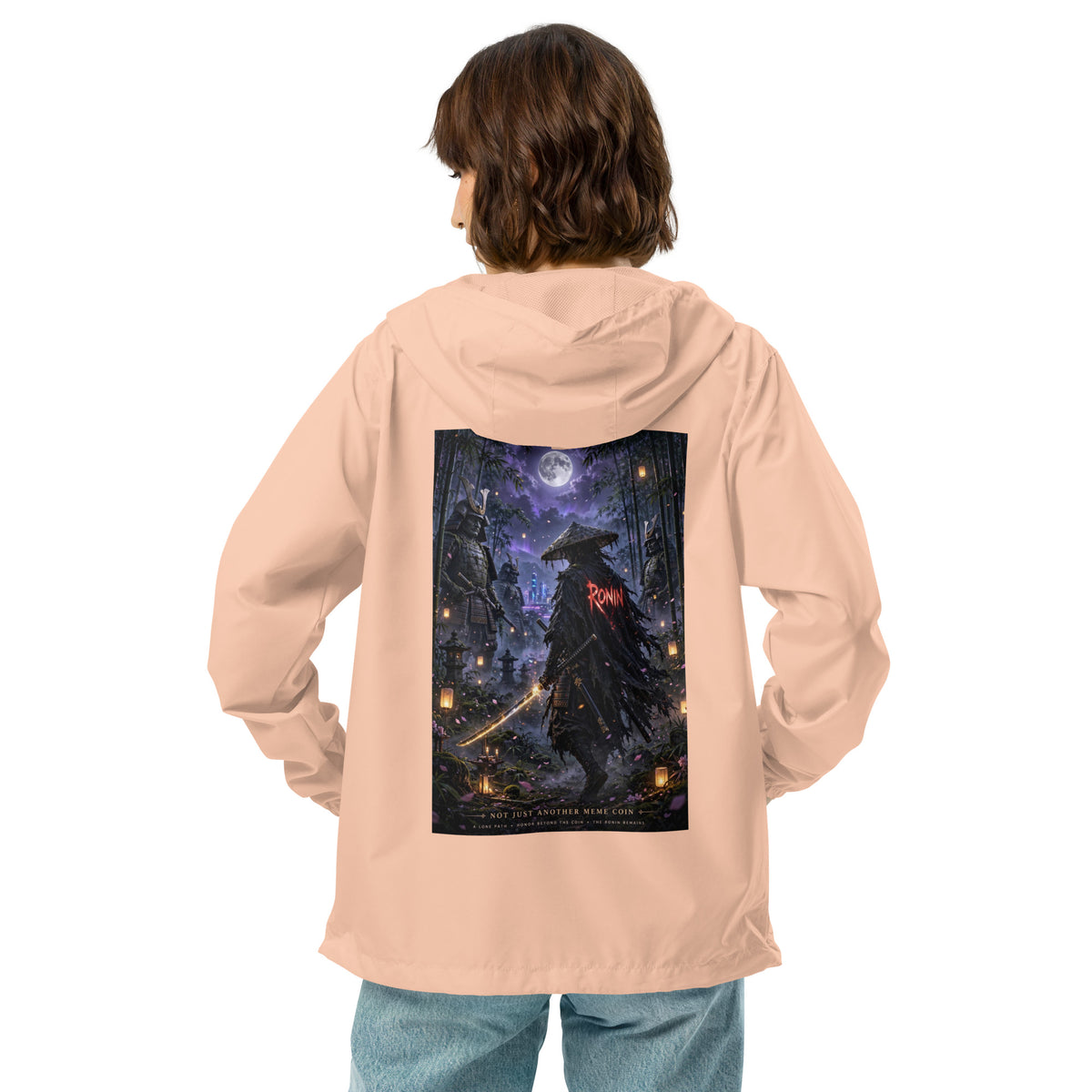 Bamboo Moon Ronin Windbreaker, blush white zipper back: back print of a straw-hat ronin with a glowing katana in a moonlit lantern bamboo grove
