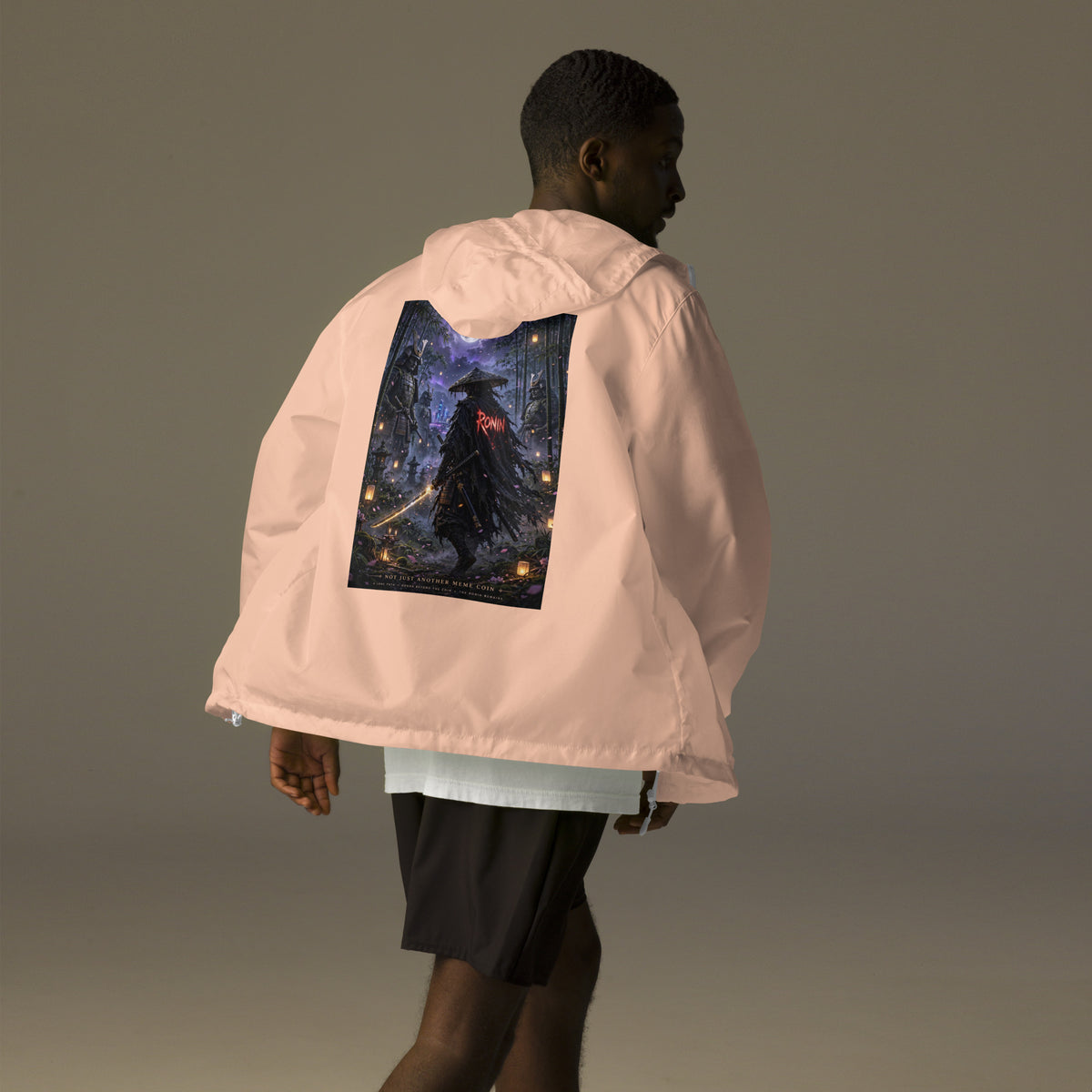 Bamboo Moon Ronin Windbreaker, blush white zipper back: back print of a straw-hat ronin with a glowing katana in a moonlit lantern bamboo grove