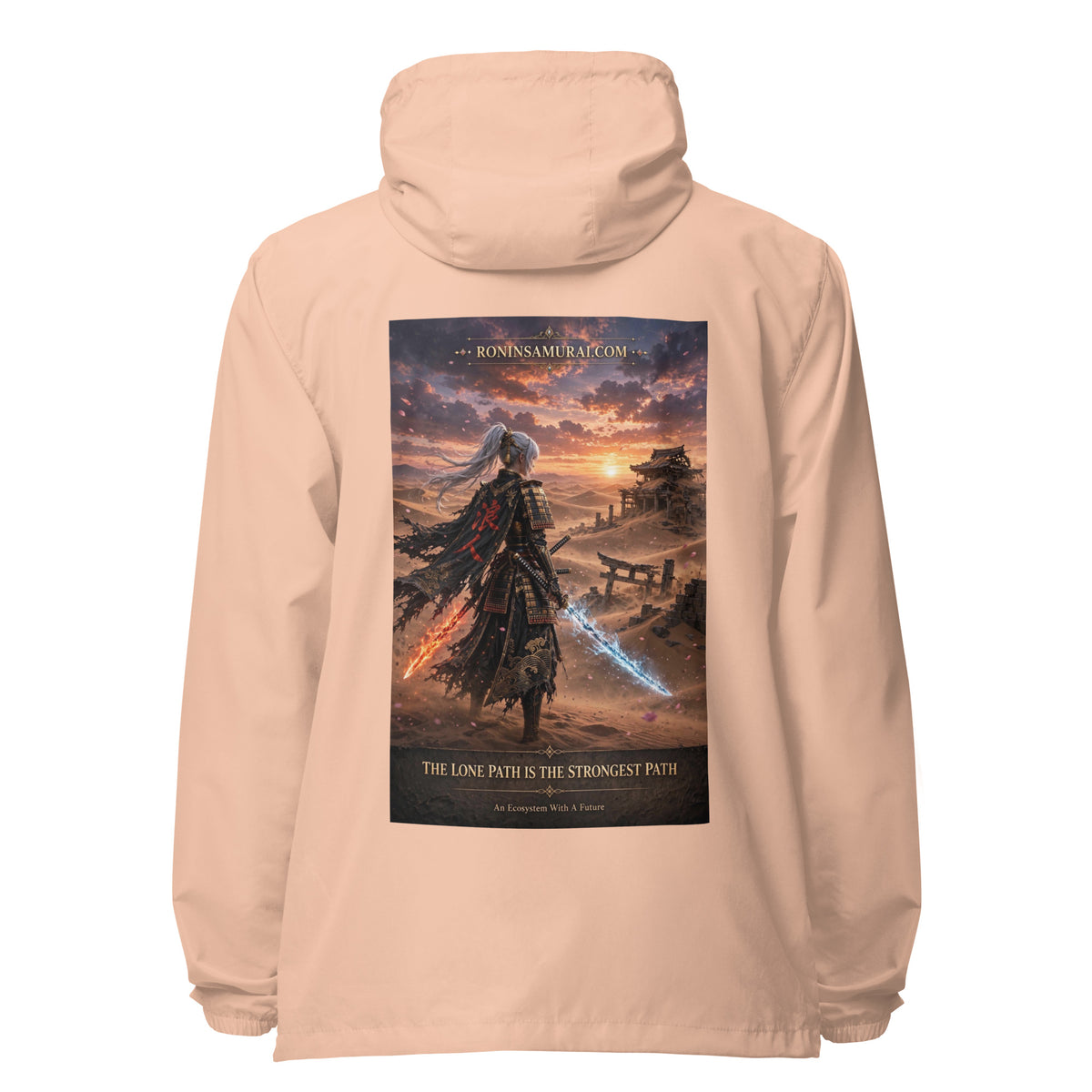 Lone Path Ronin Windbreaker, blush white zipper back: back print of a white-haired samurai with fire and ice blades in a sunset desert