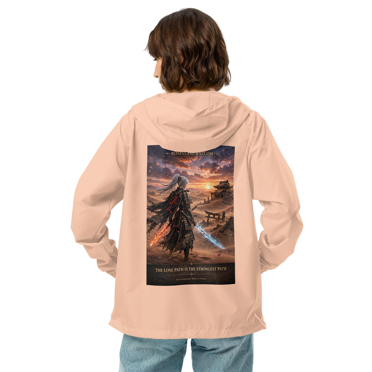 Lone Path Ronin Windbreaker, blush white zipper back: back print of a white-haired samurai with fire and ice blades in a sunset desert