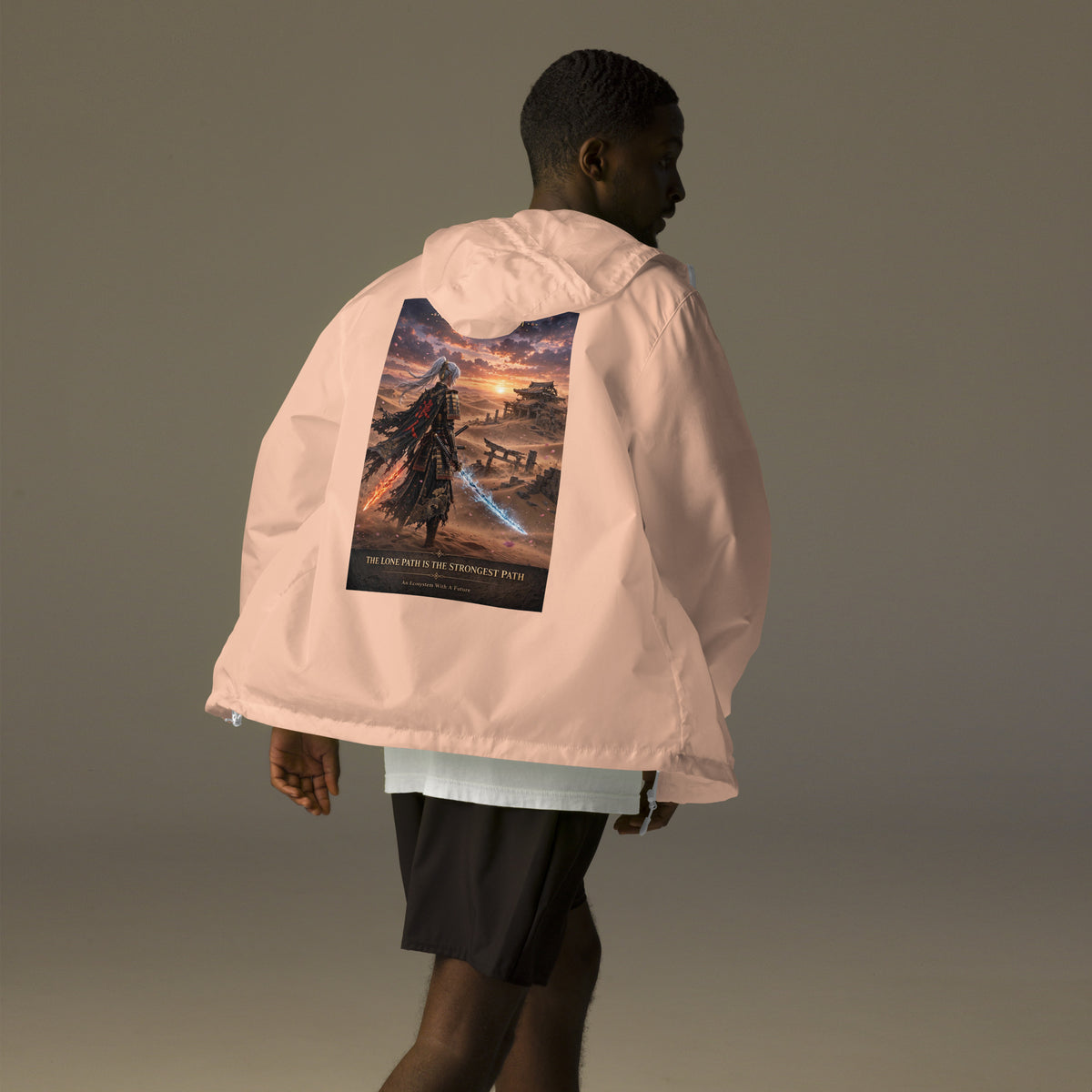 Lone Path Ronin Windbreaker, blush white zipper back: back print of a white-haired samurai with fire and ice blades in a sunset desert