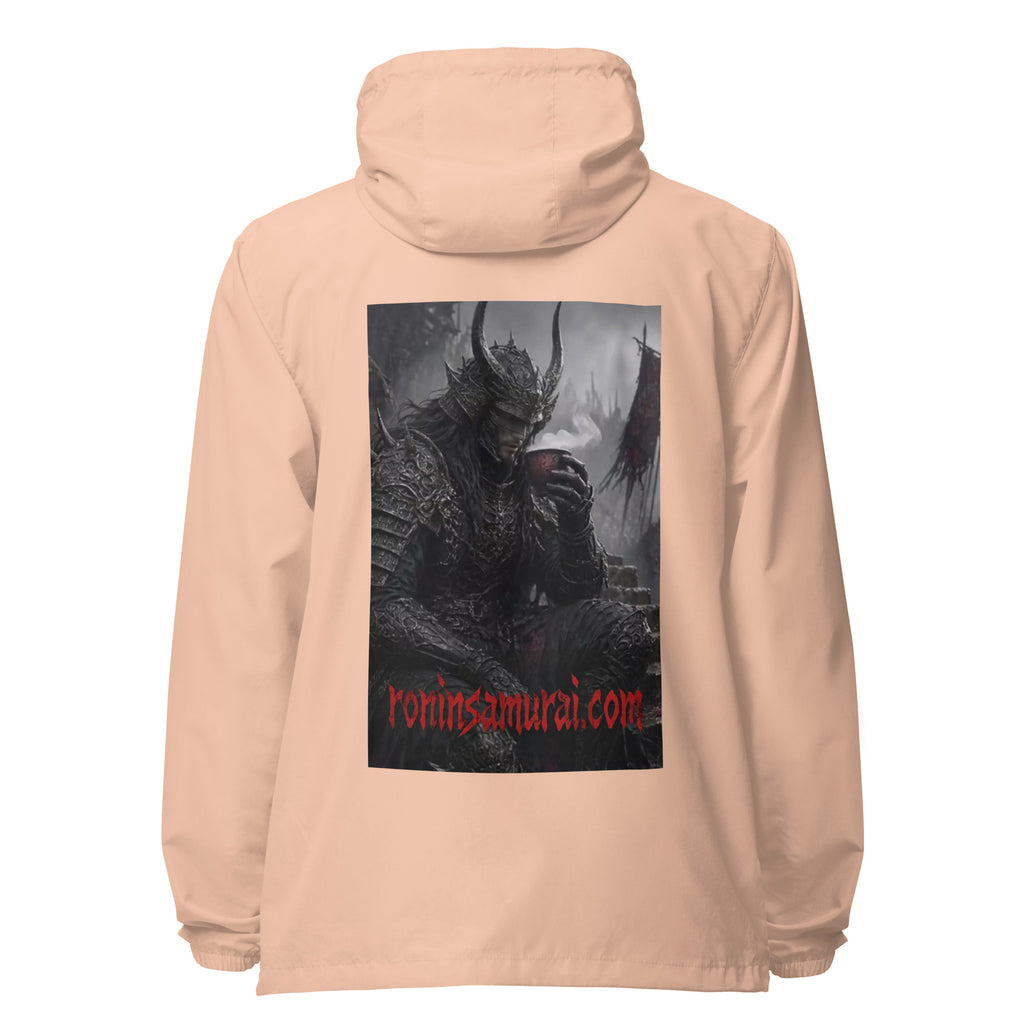 Warlord's Brew Windbreaker, blush white zipper back: back print of a dark horned armored warlord sipping a steaming cup