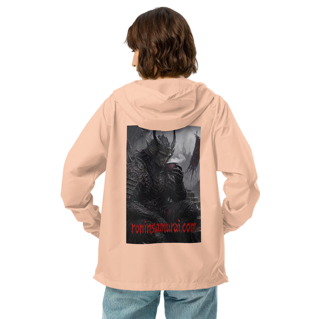 Warlord's Brew Windbreaker, blush white zipper back: back print of a dark horned armored warlord sipping a steaming cup