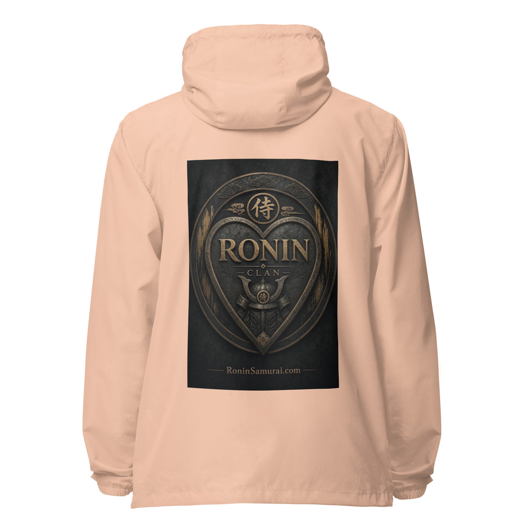 Bronze Crest Ronin Clan Windbreaker, blush white zipper back: bronze heart shield with the 侍 seal, RONIN CLAN and a kabuto emblem