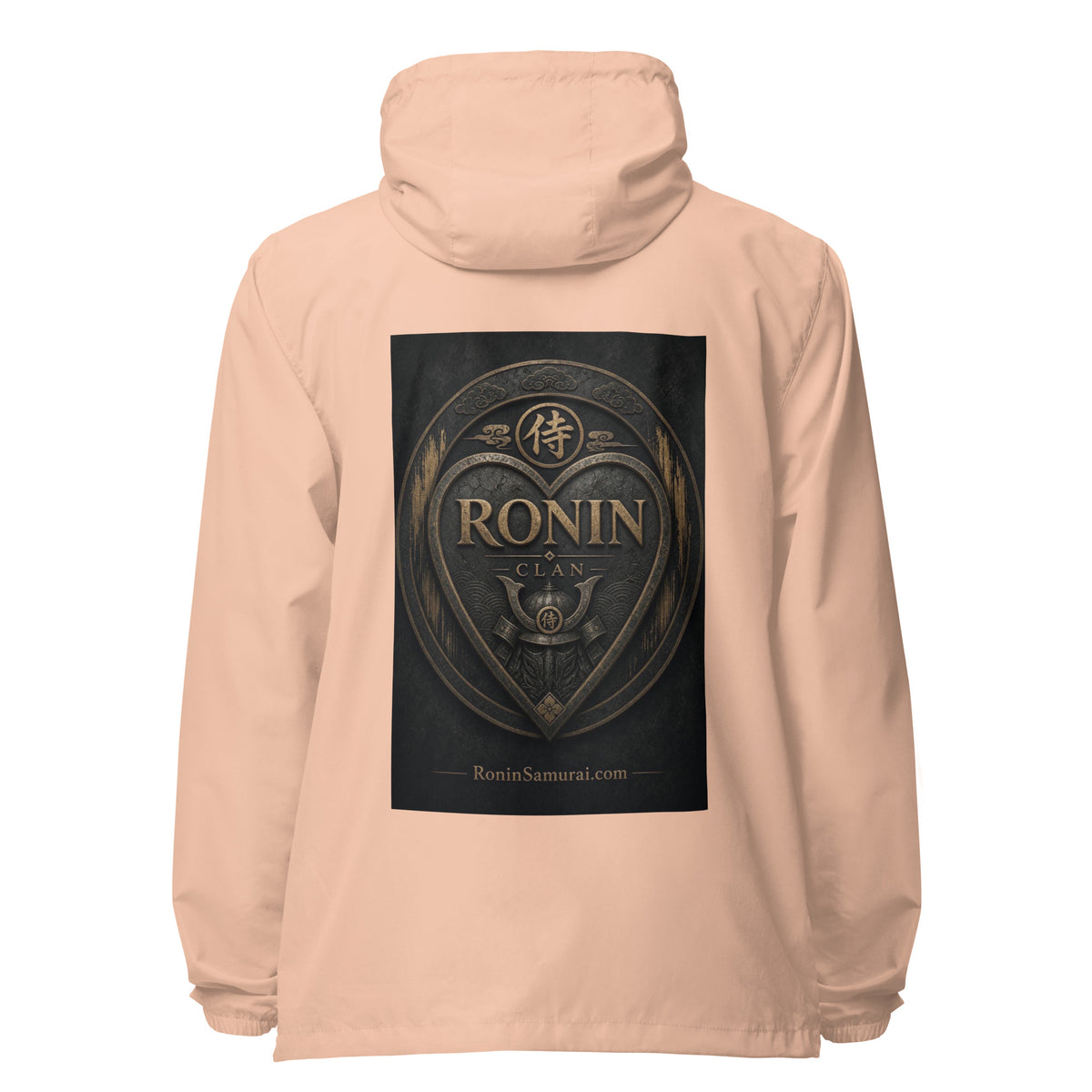 Bronze Crest Ronin Clan Windbreaker, blush white zipper back: bronze heart shield with the 侍 seal, RONIN CLAN and a kabuto emblem