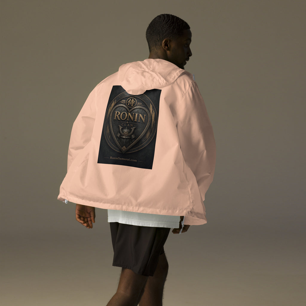 Bronze Crest Ronin Clan Windbreaker, blush white zipper back: bronze heart shield with the 侍 seal, RONIN CLAN and a kabuto emblem