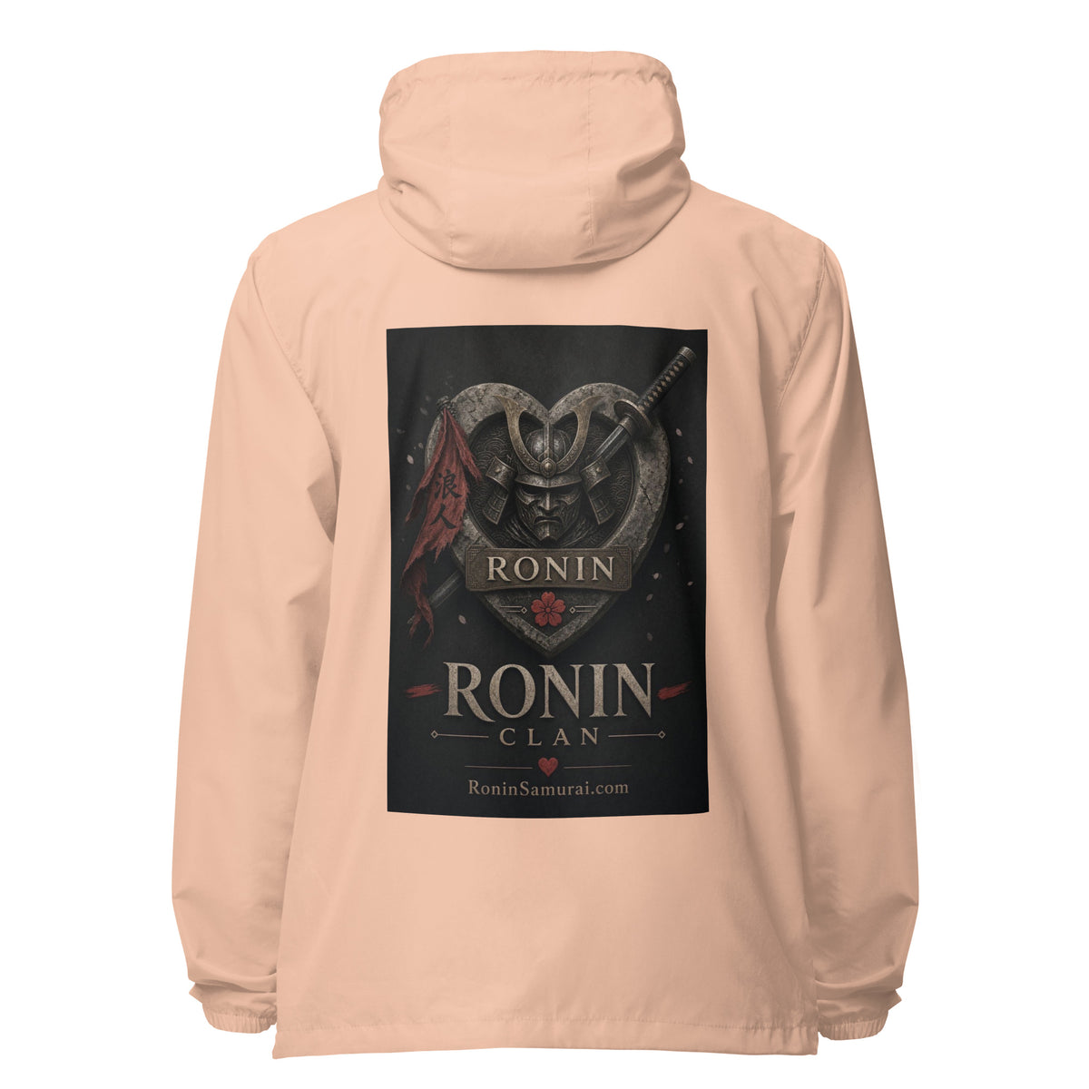 Kabuto Heart Ronin Clan Windbreaker, blush white zipper back: stone heart with a masked kabuto warrior, katana and red banner, RONIN CLAN