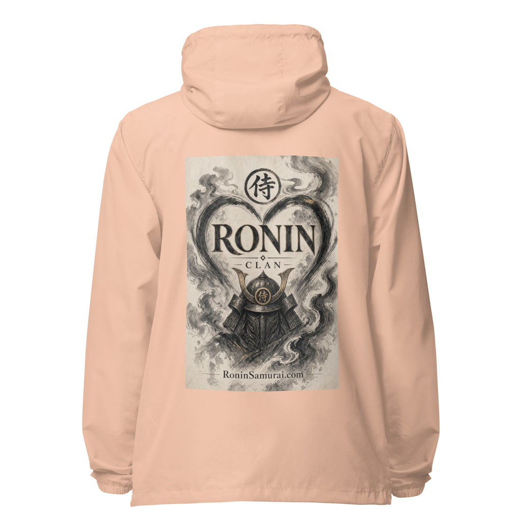 Ink Heart Ronin Clan Windbreaker, blush white zipper back: ink-wash heart around a kabuto helmet on cream paper, 侍 seal and RONIN CLAN