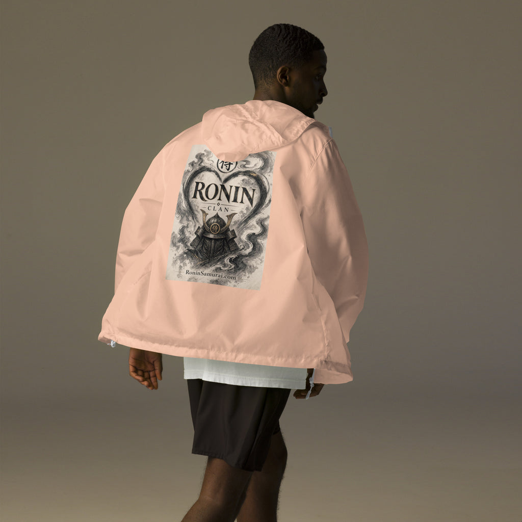 Ink Heart Ronin Clan Windbreaker, blush white zipper back: ink-wash heart around a kabuto helmet on cream paper, 侍 seal and RONIN CLAN