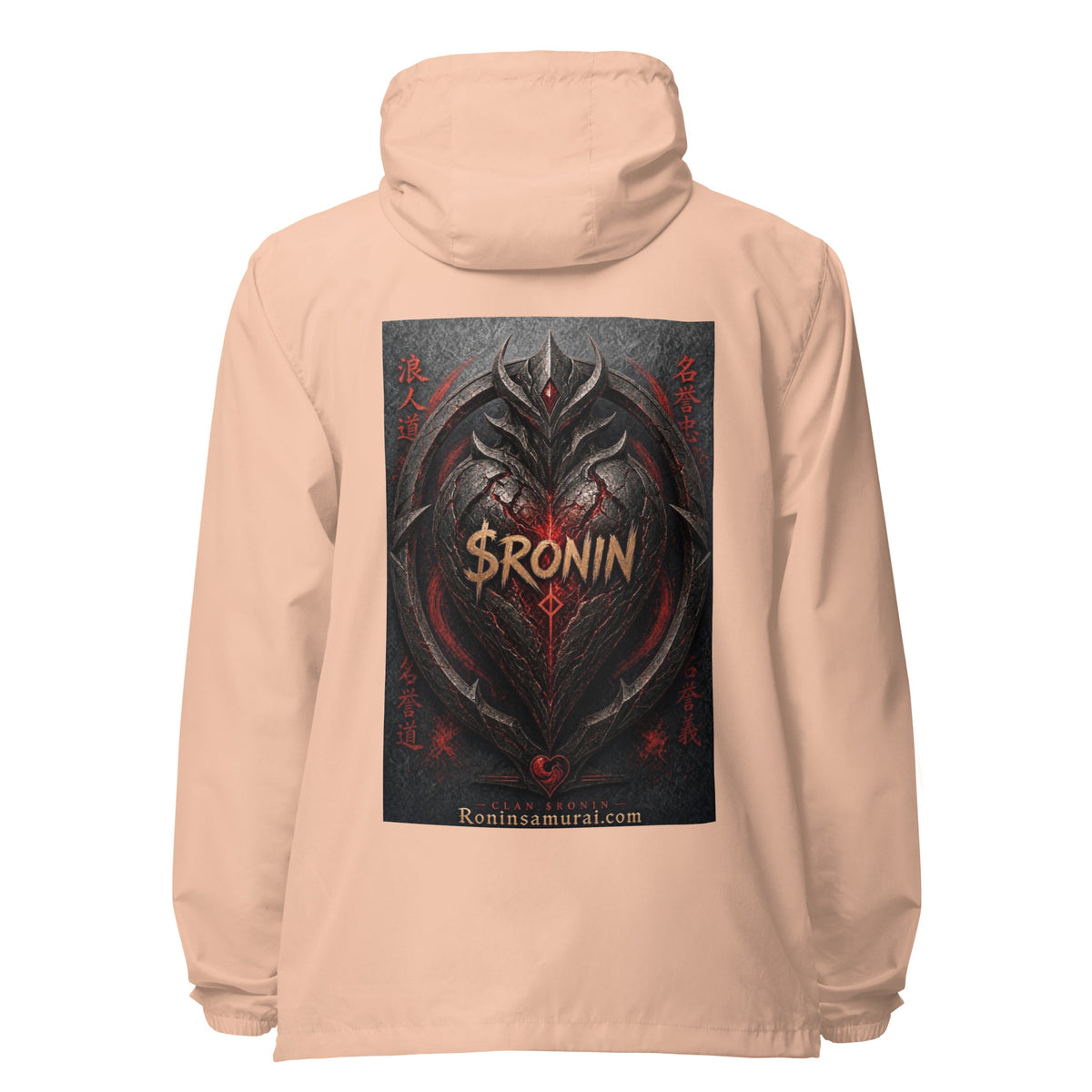 Obsidian Heart Ronin Windbreaker, blush white zipper back: spiked black armored heart with a glowing red core and $RONIN, red kanji at the sides