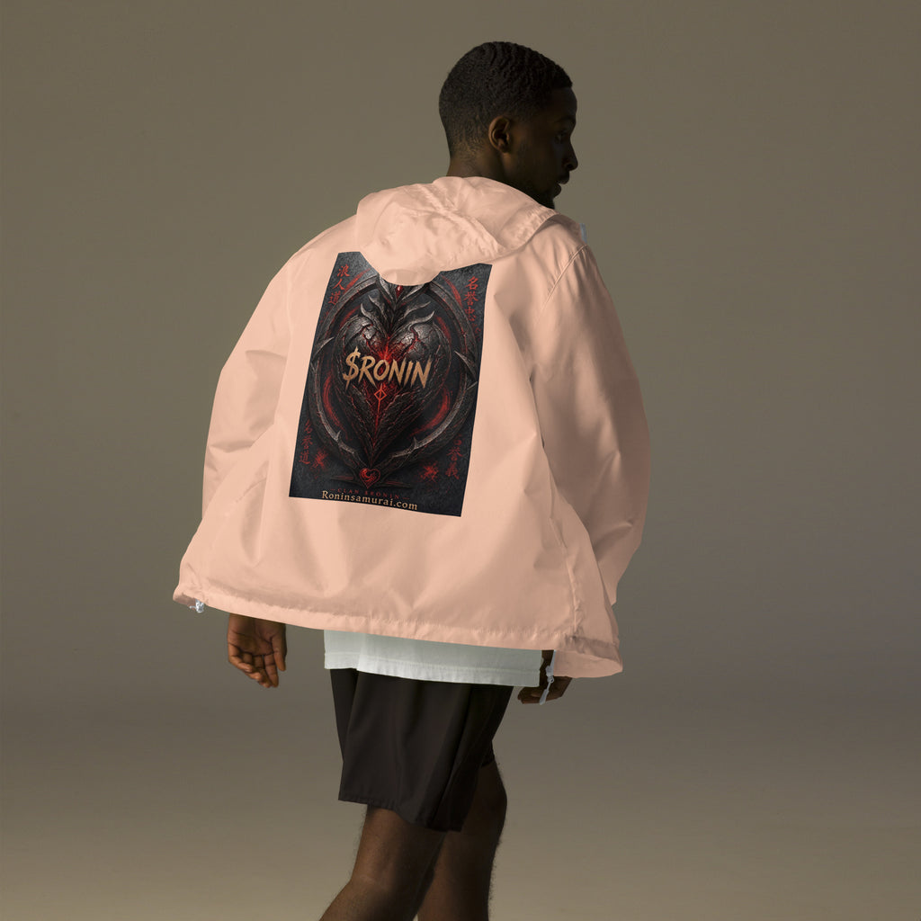 Obsidian Heart Ronin Windbreaker, blush white zipper back: spiked black armored heart with a glowing red core and $RONIN, red kanji at the sides