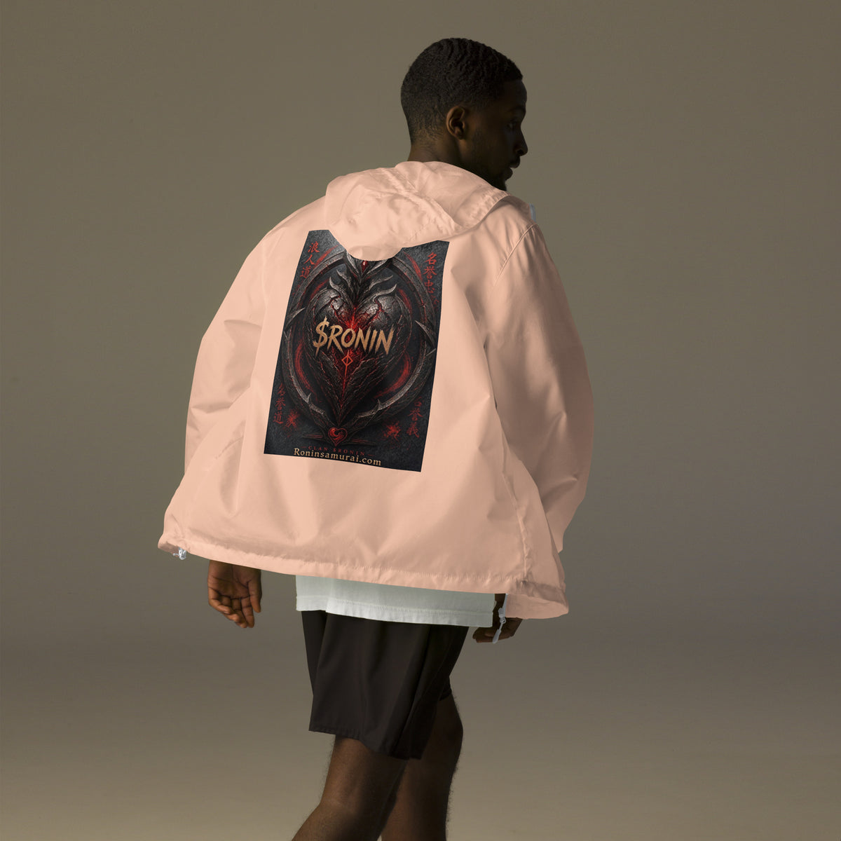 Obsidian Heart Ronin Windbreaker, blush white zipper back: spiked black armored heart with a glowing red core and $RONIN, red kanji at the sides