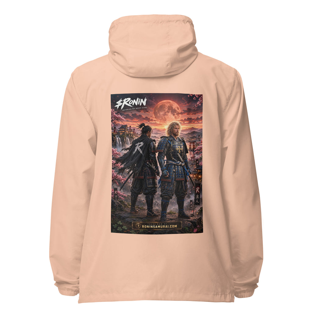 Sworn Brothers Ronin Windbreaker, blush white zipper back: two warriors, a dark-haired ronin and a golden-haired samurai in blue armor, under a blood-red moon with a white $RONIN