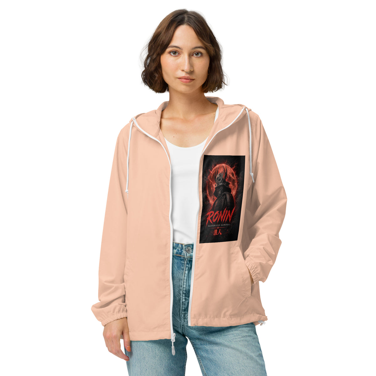 Bamboo Moon Ronin Windbreaker, blush white zipper front: Blood Moon RONIN samurai art on the left chest