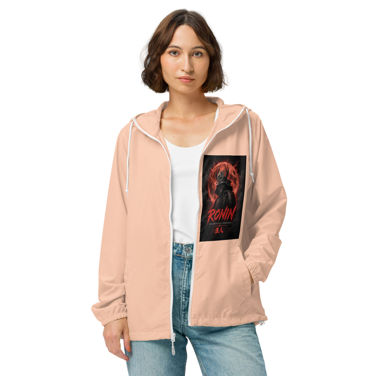 Lone Path Ronin Windbreaker, blush white zipper front: Blood Moon RONIN samurai art on the left chest