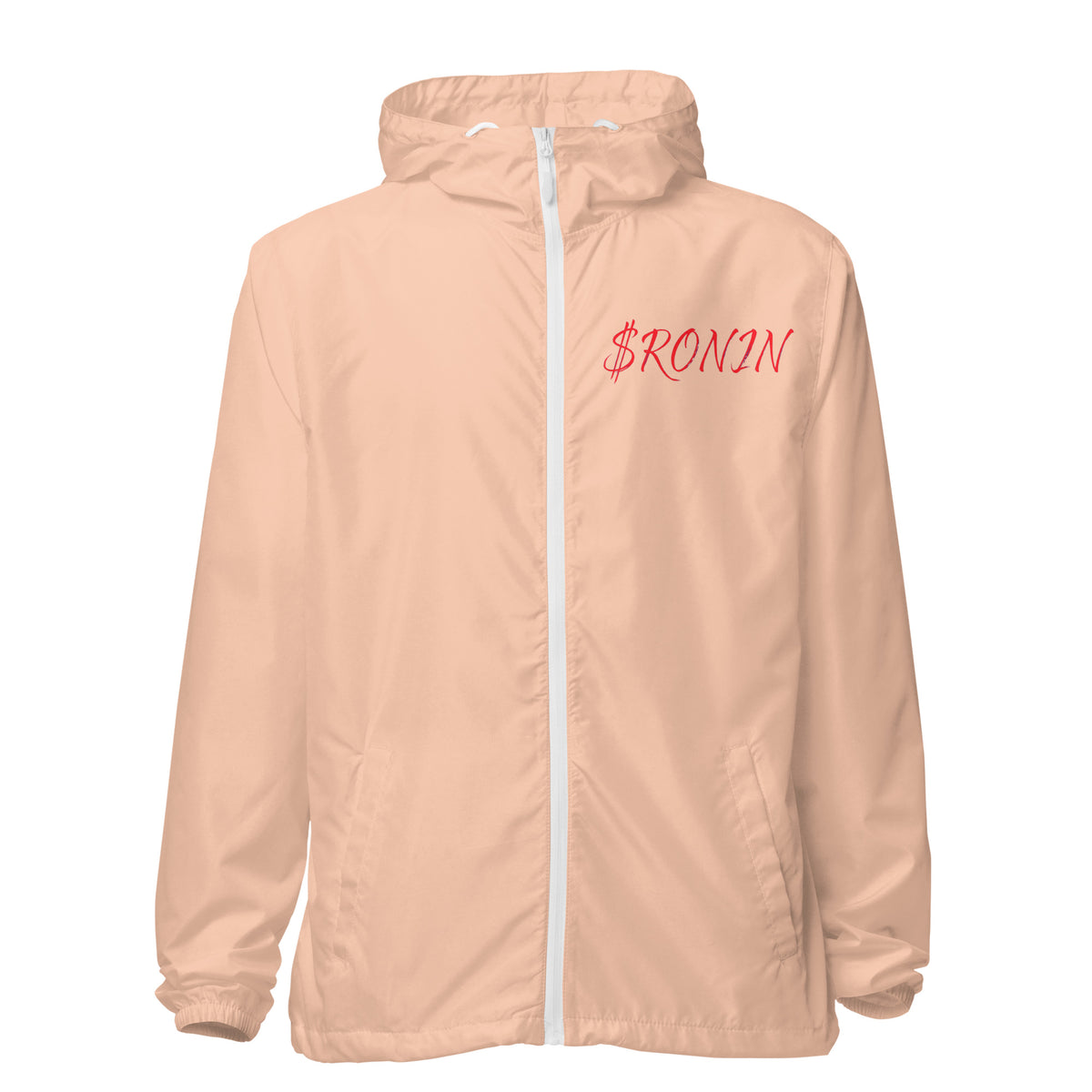 Royal Crest Ronin Clan Windbreaker, blush white zipper front: red script $RONIN on the left chest