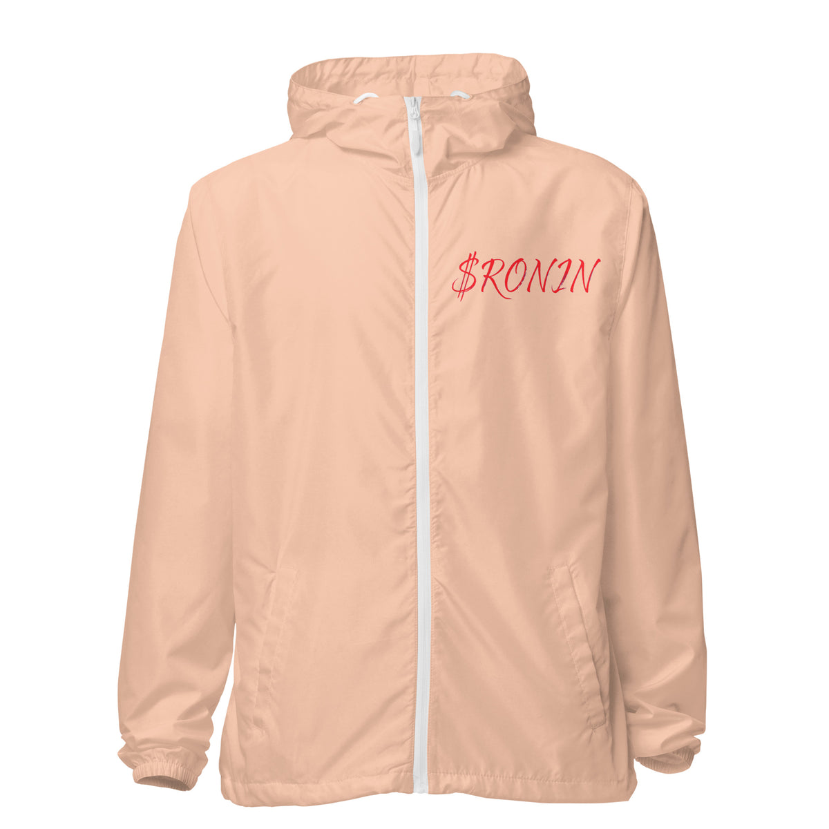 Ink Heart Ronin Clan Windbreaker, blush white zipper front: red script $RONIN on the left chest