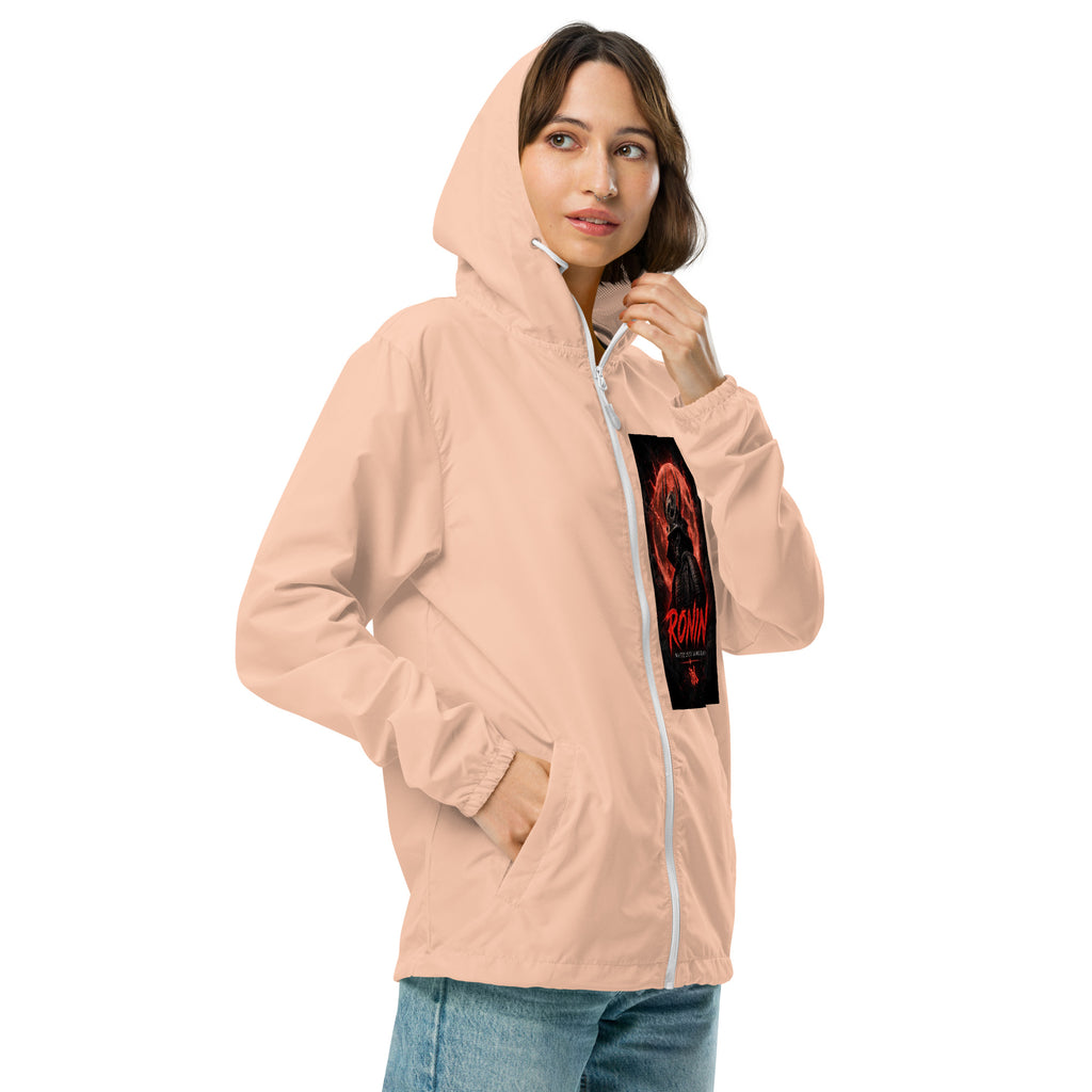 Torii Ridge Ronin Windbreaker, blush white zipper right front: Blood Moon RONIN samurai art on the left chest