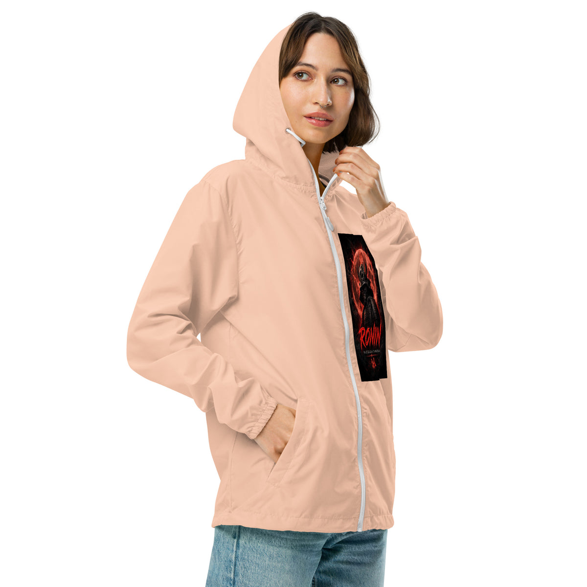 Bamboo Moon Ronin Windbreaker, blush white zipper right front: Blood Moon RONIN samurai art on the left chest