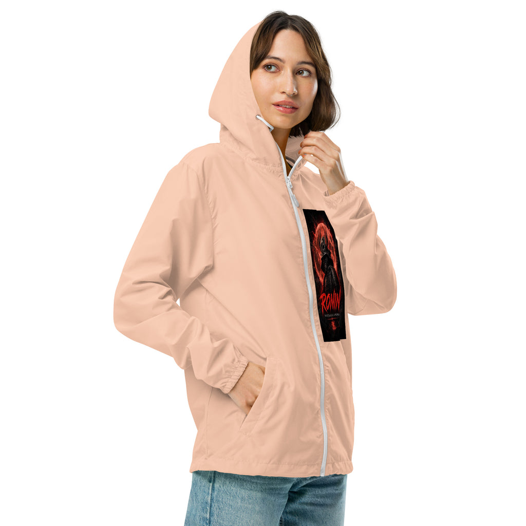 Warlord's Brew Windbreaker, blush white zipper right front: Blood Moon RONIN samurai art on the left chest