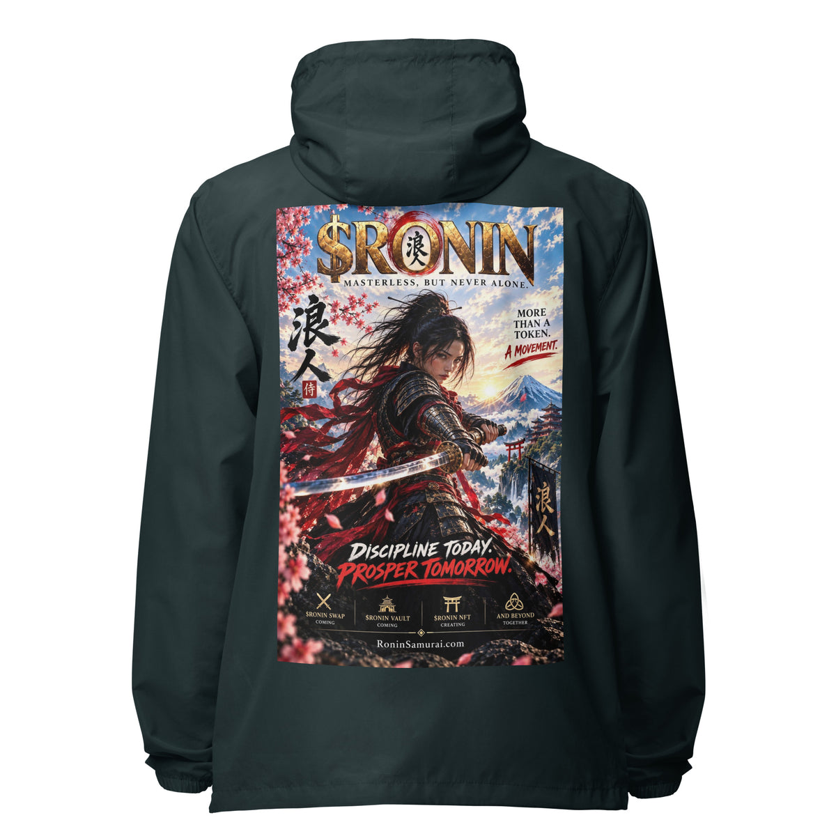 Discipline Today Ronin Windbreaker, classic navy back: back print of a female samurai lunging with a katana before Fuji under a gold $RONIN