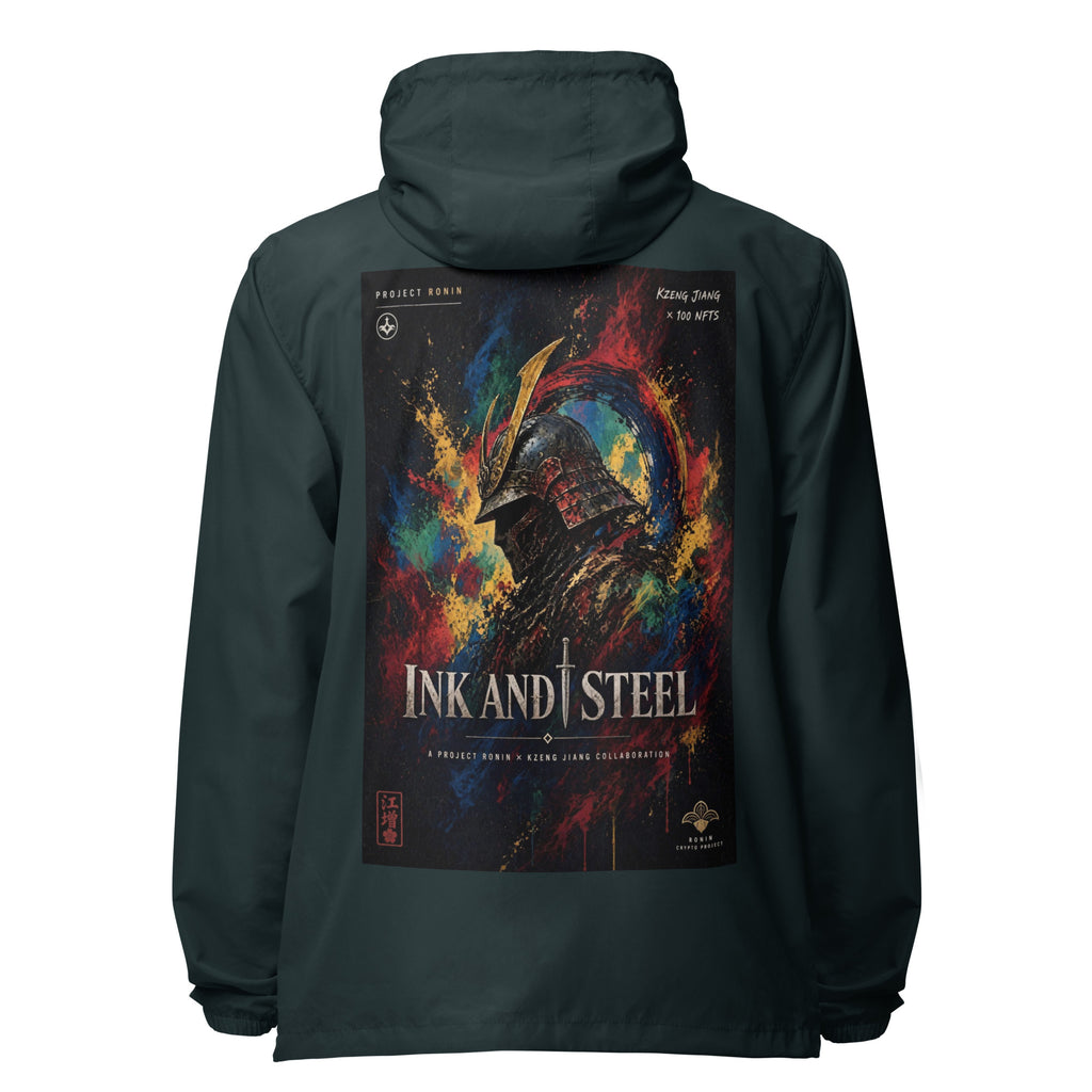 Ink and Steel Samurai Windbreaker, classic navy back: back print of a samurai in a gold-crested helmet amid paint splashes, INK AND STEEL
