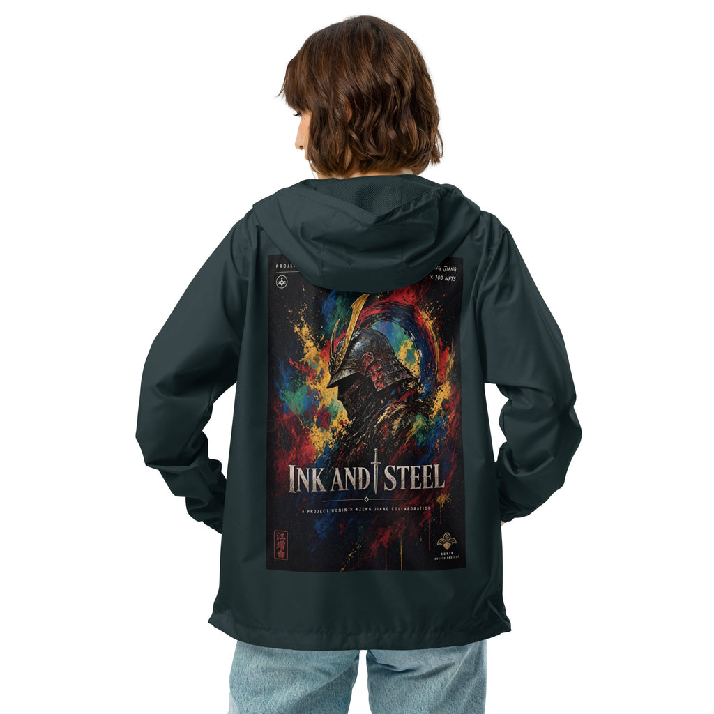 Ink and Steel Samurai Windbreaker, classic navy back: back print of a samurai in a gold-crested helmet amid paint splashes, INK AND STEEL
