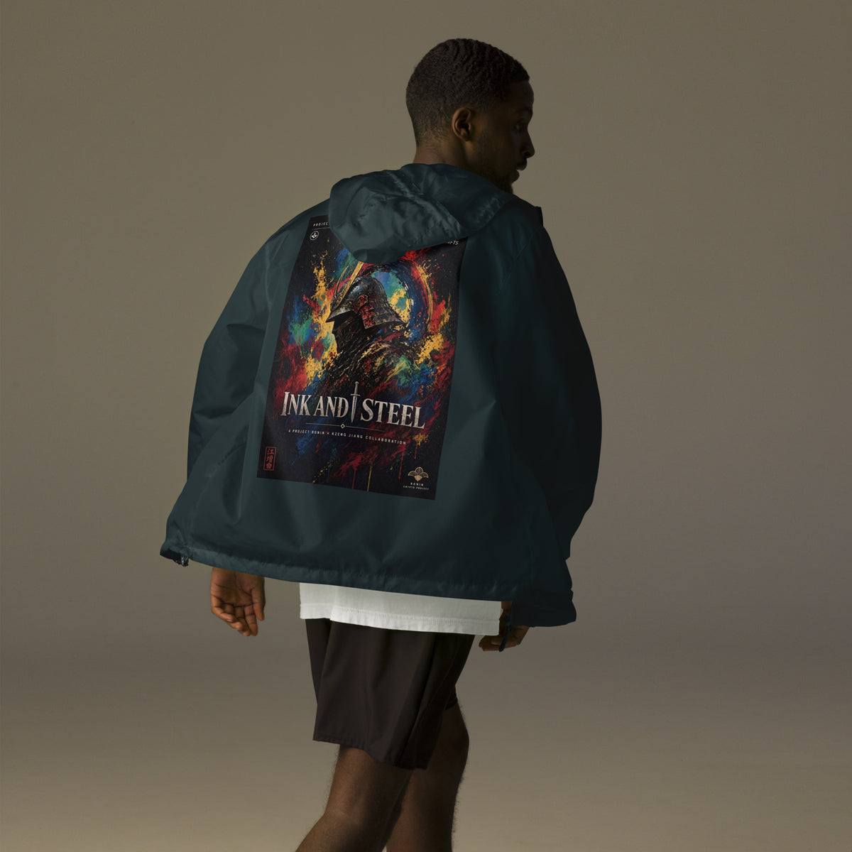 Ink and Steel Samurai Windbreaker, classic navy back: back print of a samurai in a gold-crested helmet amid paint splashes, INK AND STEEL