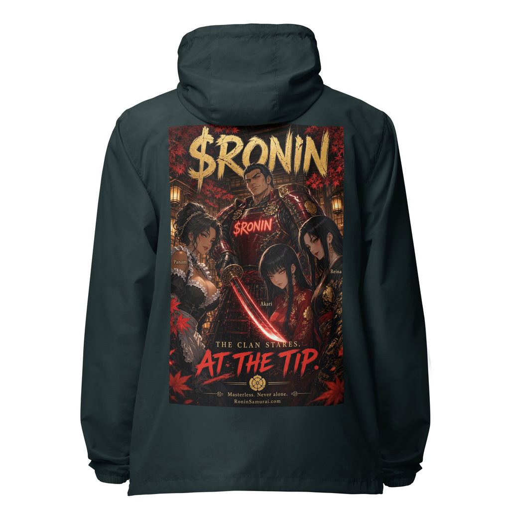 Clan at the Tip Windbreaker, classic navy back: back print of a red-armored samurai with three swordswomen, THE CLAN AT THE TIP
