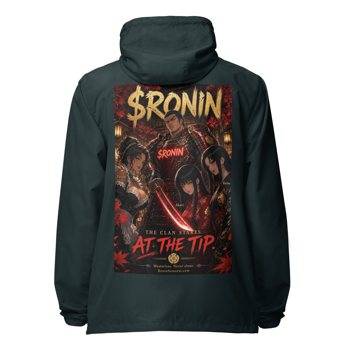 Clan at the Tip Windbreaker, classic navy back: back print of a red-armored samurai with three swordswomen, THE CLAN AT THE TIP